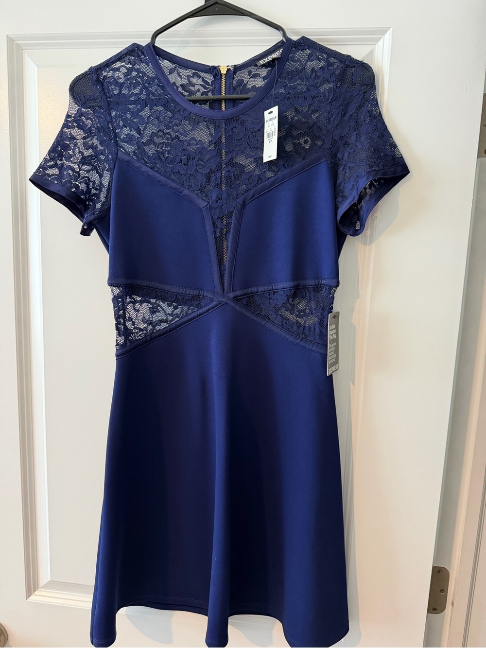 Express Navy Lace Yoke Fit & Flare Mini Dress